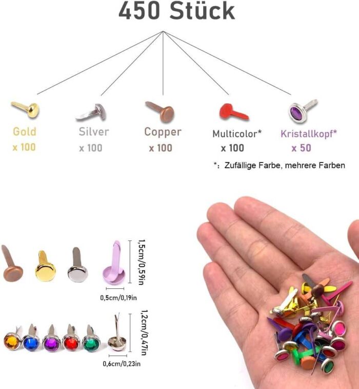 Mini Brads, Metall Musterklammern, gemischte Farben, 450 Stück – Bild 2