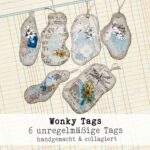 Sechs "Wonky"-Tags, handgemacht